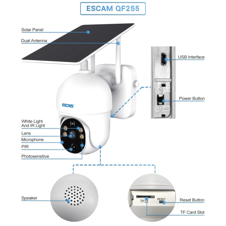 ESCAM QF255 2.0 Million Pixels 1080P HD WiFi Solar Camera, Support Two-way Voice & PIR Motion Detection & Night Vision & TF Card, QF255 ESCAM QF255 2.0 Million Pixels 1080P HD WiFi Solar Camera, Support Two-way Voice & PIR Motion Detection & Night Vision & TF Card, QF255